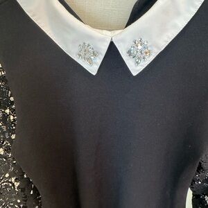 Chic Black Dress with White Collar and Lace Sleeves